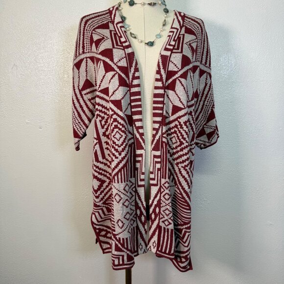 Peruvian Connection Red Aztec Open Cardigan Sweater Sz Medium Pima Cotton Boho - Picture 1 of 14